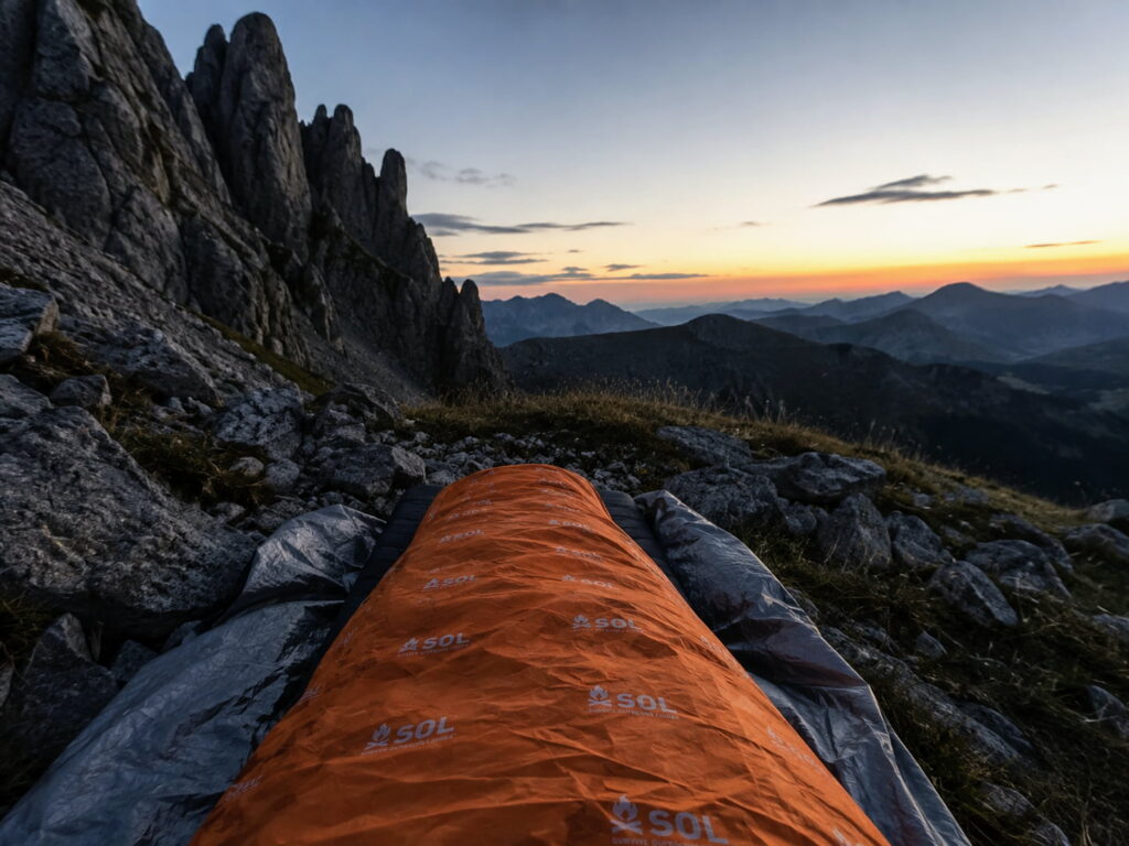 POV : personne en montagne dans le SOL Escape Lite Bivvy