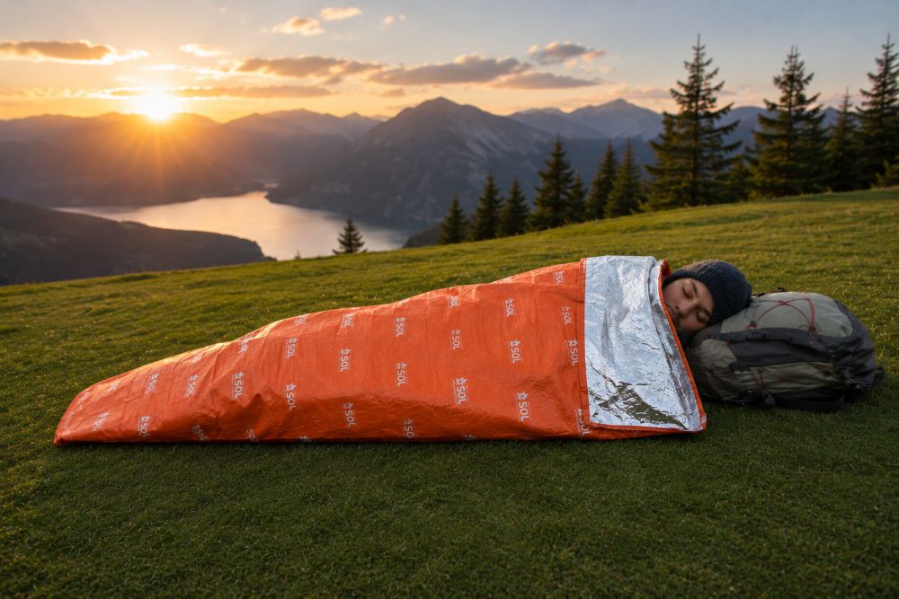 Person resting in an orange emergency bivy bag at sunset